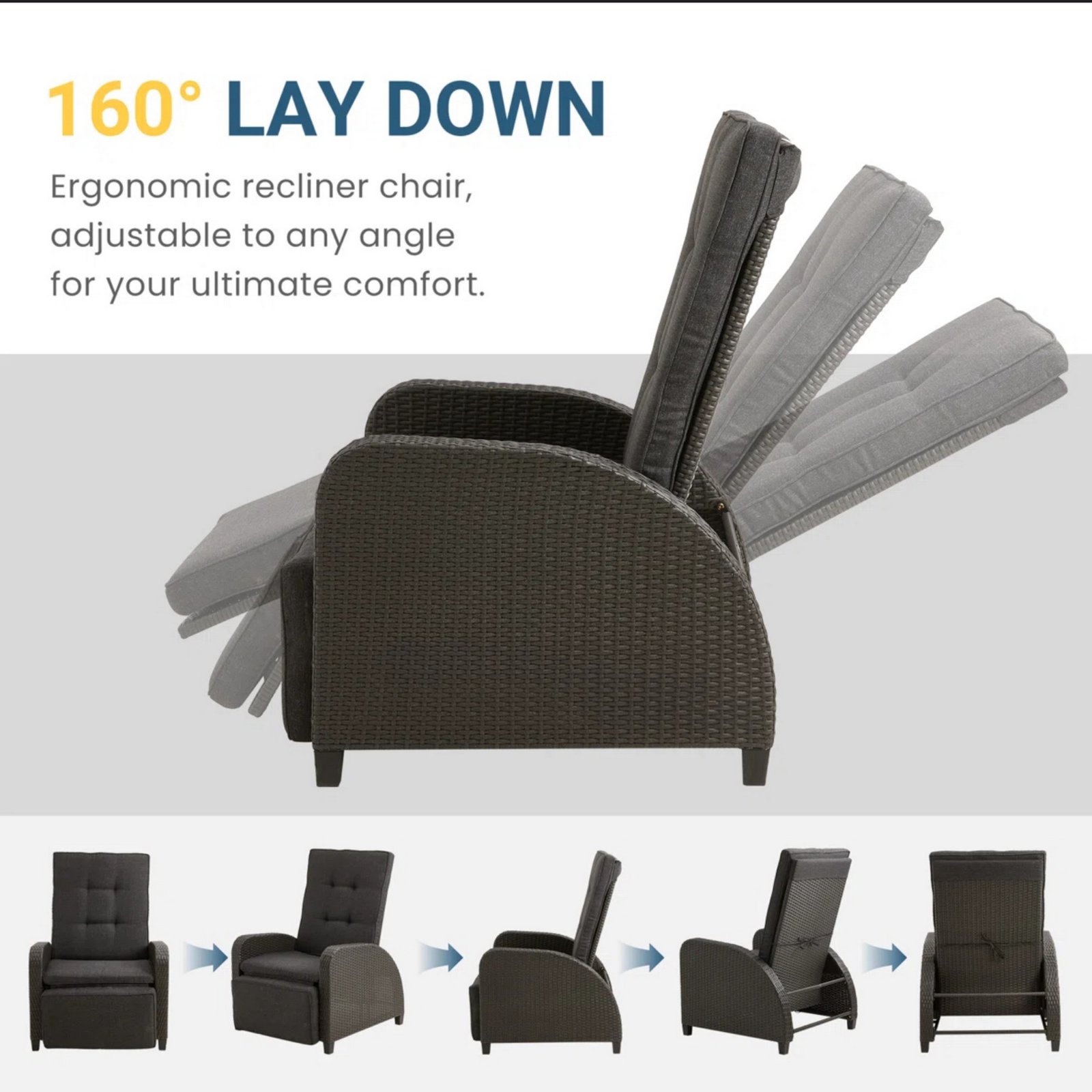 30 inch adjustable outdoor recliner chair with gray PE rattan showing 160 degree reclining backrest