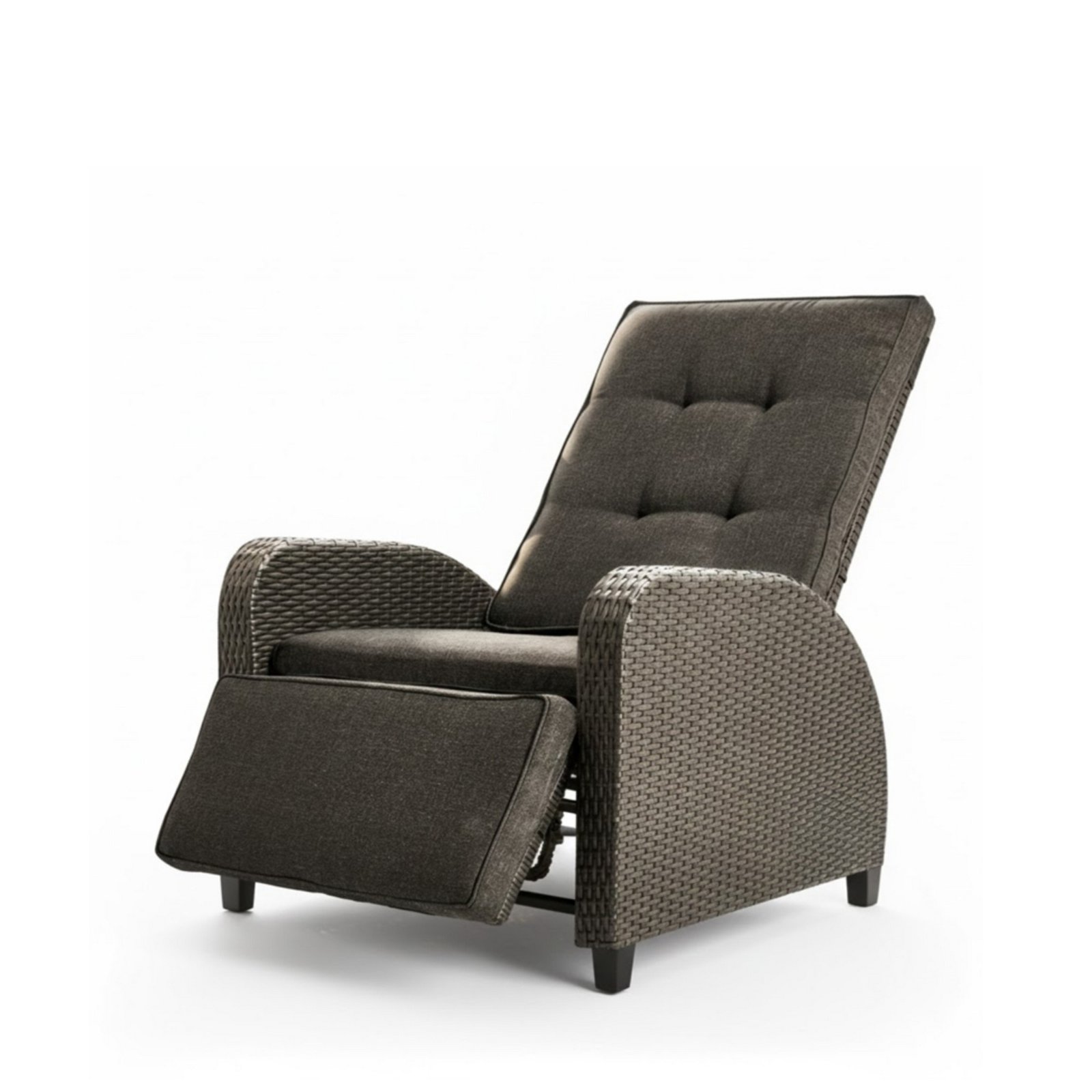 30 inch adjustable outdoor recliner chair with gray PE rattan showing adjustable backrest and extendable footrest