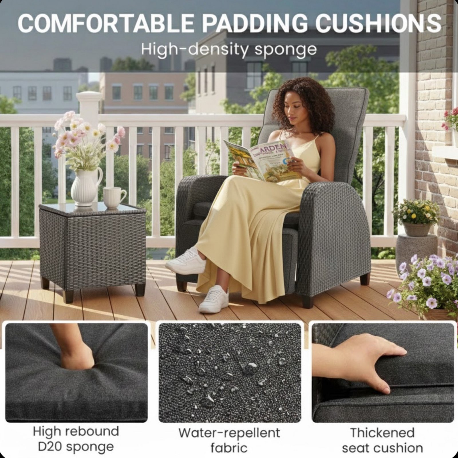 30 inch gray rattan adjustable outdoor recliner chair on a balcony with thick high-density cushion detail