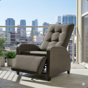 30 inch adjustable outdoor recliner chair with gray cushions on a city balcony with potted plants and high-rise buildings in the background