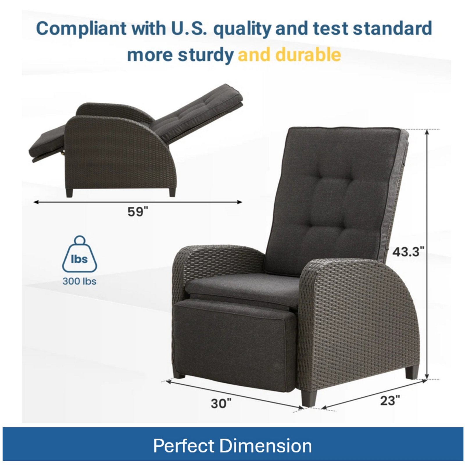 dimensions and 300 lbs weight capacity of 30 inch adjustable outdoor recliner chair with footrest