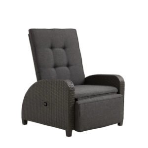 30 inch adjustable outdoor recliner chair with gray PE rattan, gray cushions, and footrest
