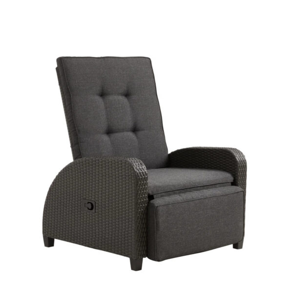 30 inch adjustable outdoor recliner chair with gray PE rattan, gray cushions, and footrest