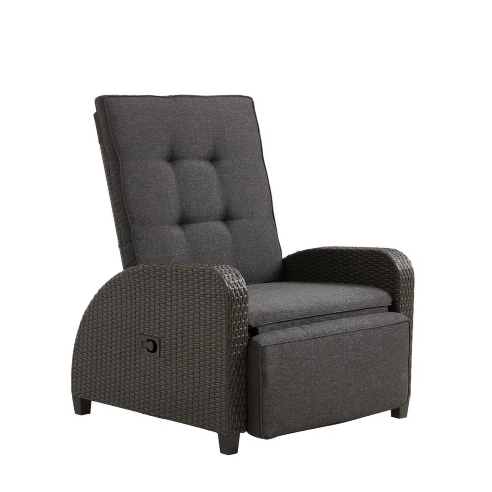 30 inch adjustable outdoor recliner chair with gray PE rattan, gray cushions, and footrest