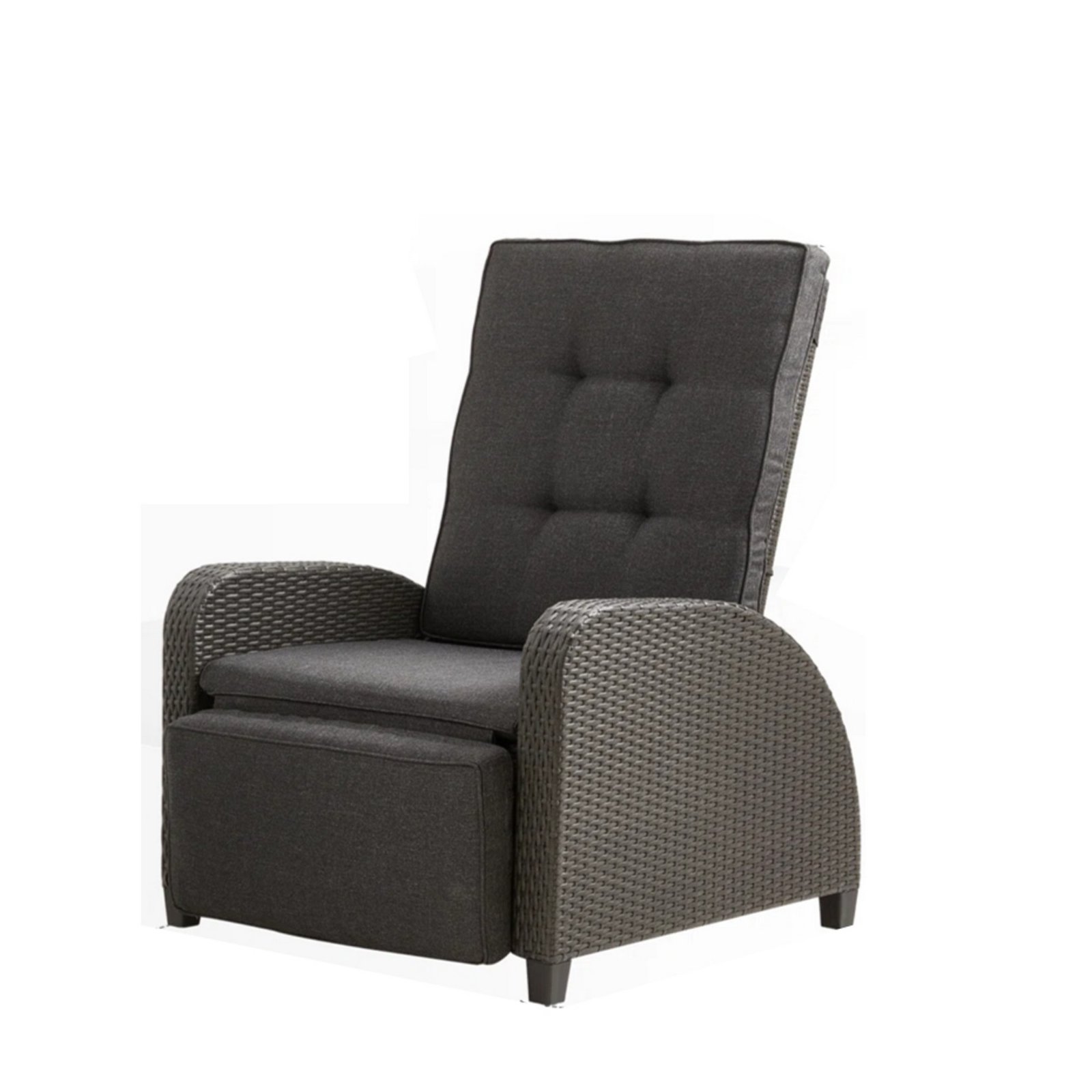 side view of 30 inch adjustable outdoor recliner chair in gray PE rattan with gray cushions and footrest