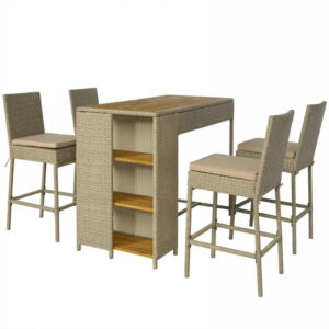 5-piece beige wicker outdoor bar set with acacia wood table and 4 cushioned barstools