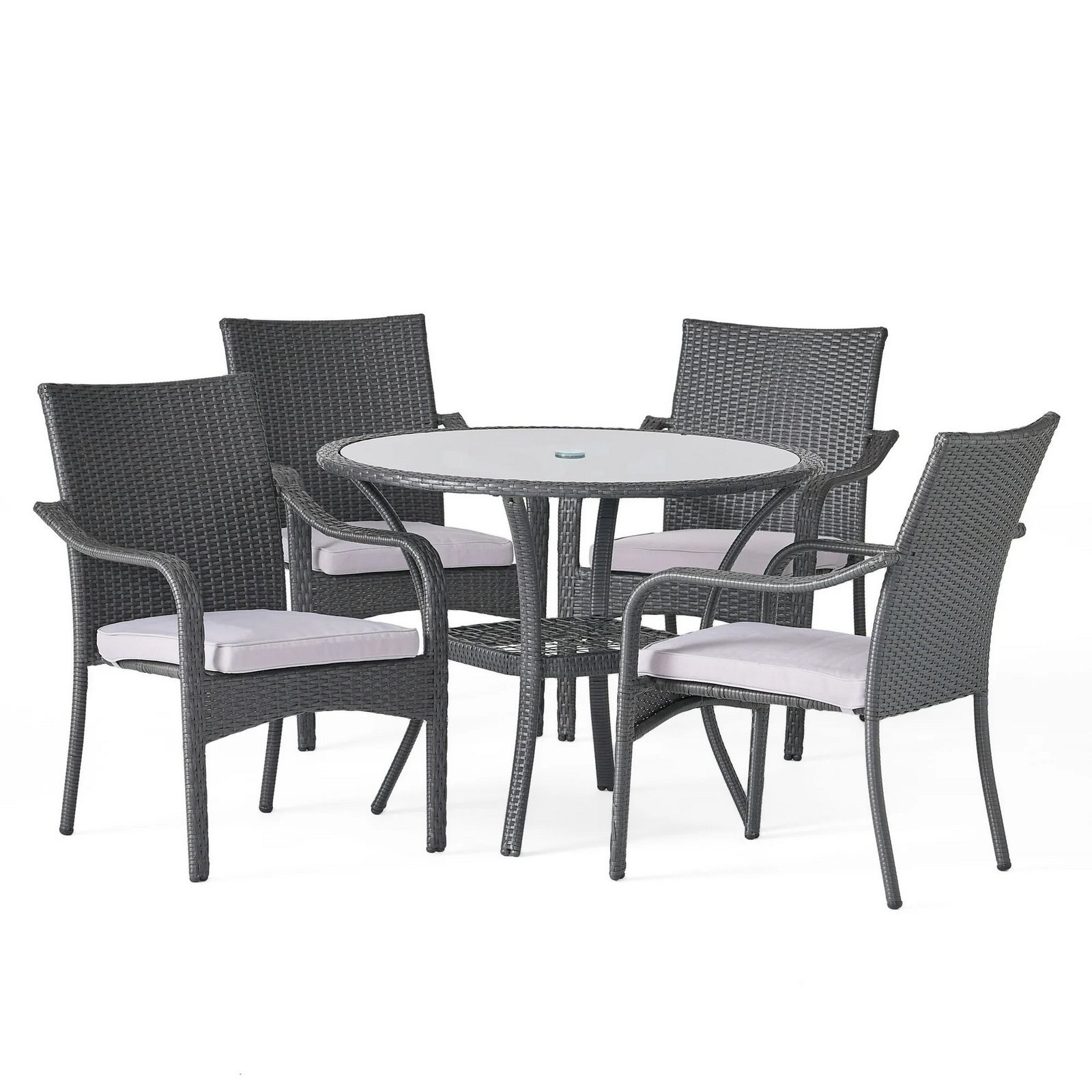 Gray rattan patio dining set with 4 gray cushioned chairs and glass table seats 4