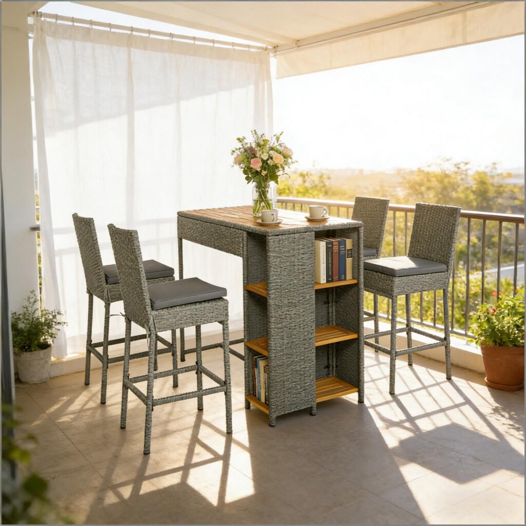 5-piece gray wicker outdoor bar set with acacia wood table on balcony with coffee, flowers, and magazines on side shelves