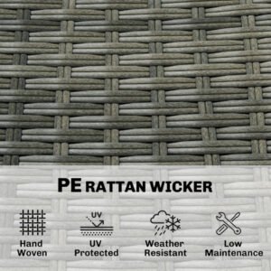 Close-up of PE rattan wicker on 5-piece gray outdoor bar set, hand-woven, UV protected, and weather resistant