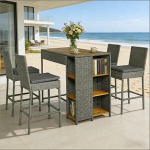 5-piece gray wicker outdoor bar set on semi-open seaside terrace with acacia wood table, cushioned barstools, flowers, and coffee