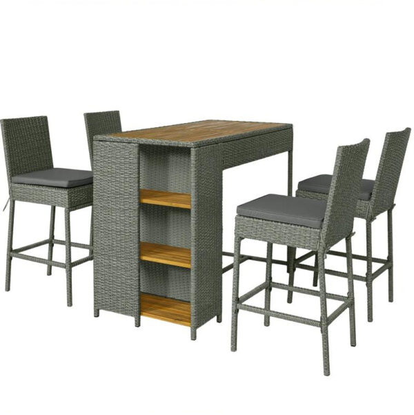 5-piece gray wicker outdoor bar set with acacia wood table and 4 cushioned barstools