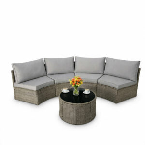 5 piece half moon patio furniture set with light gray cushions and round coffee table with flowers and coffee cups