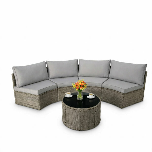 5 piece half moon patio furniture set with light gray cushions and round coffee table with flowers and coffee cups