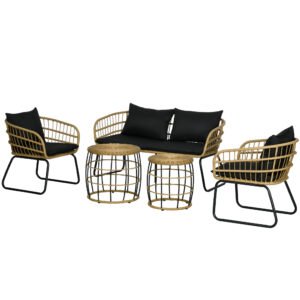 5-piece rattan patio conversation set with loveseat 2 chairs and 2 round coffee tables in khaki and black