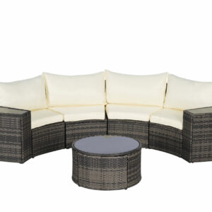 half moon patio furniture set with gray rattan curved sofas beige cushions and round glass coffee table