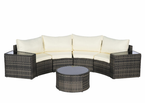 half moon patio furniture set with gray rattan curved sofas beige cushions and round glass coffee table