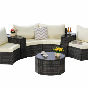 7-piece-half-moon-patio-furniture-set-modular-layout-white-bg half moon patio furniture set in alternative modular layout with gray rattan sofas and round table on white background with flowers and coffee