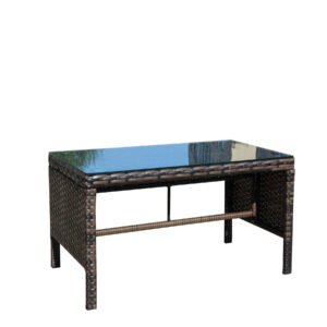 Brown rattan coffee table with clear tempered glass top for patio, balcony, or poolside