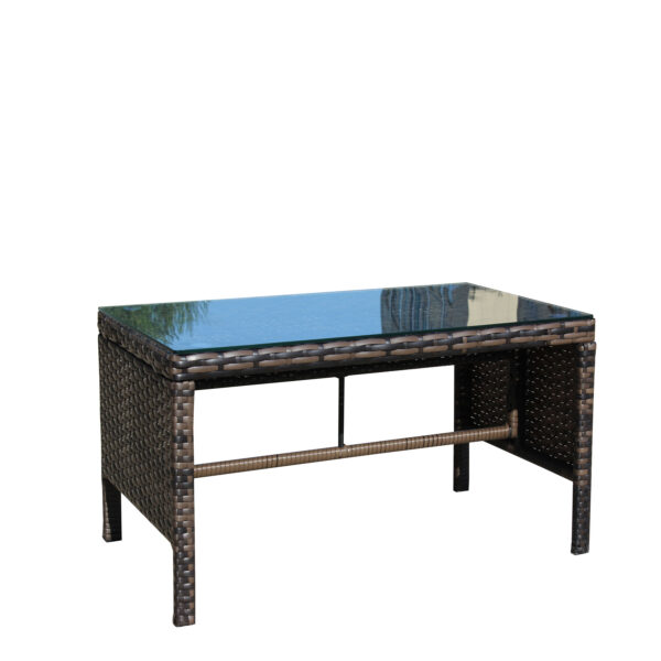 Brown rattan coffee table with clear tempered glass top for patio, balcony, or poolside