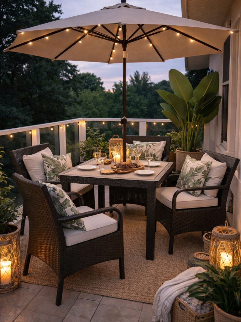 compact patio dining set on a small balcony with cushioned rattan chairs, umbrella, and cozy outdoor setup for 2 to 4 people