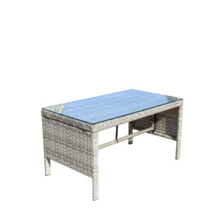 Gray rattan coffee table with clear tempered glass top for patio, balcony, or poolside