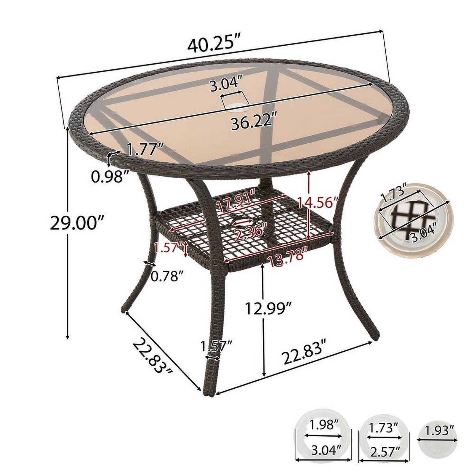Dimensions of gray rattan patio dining table with umbrella hole and lower storage shelf