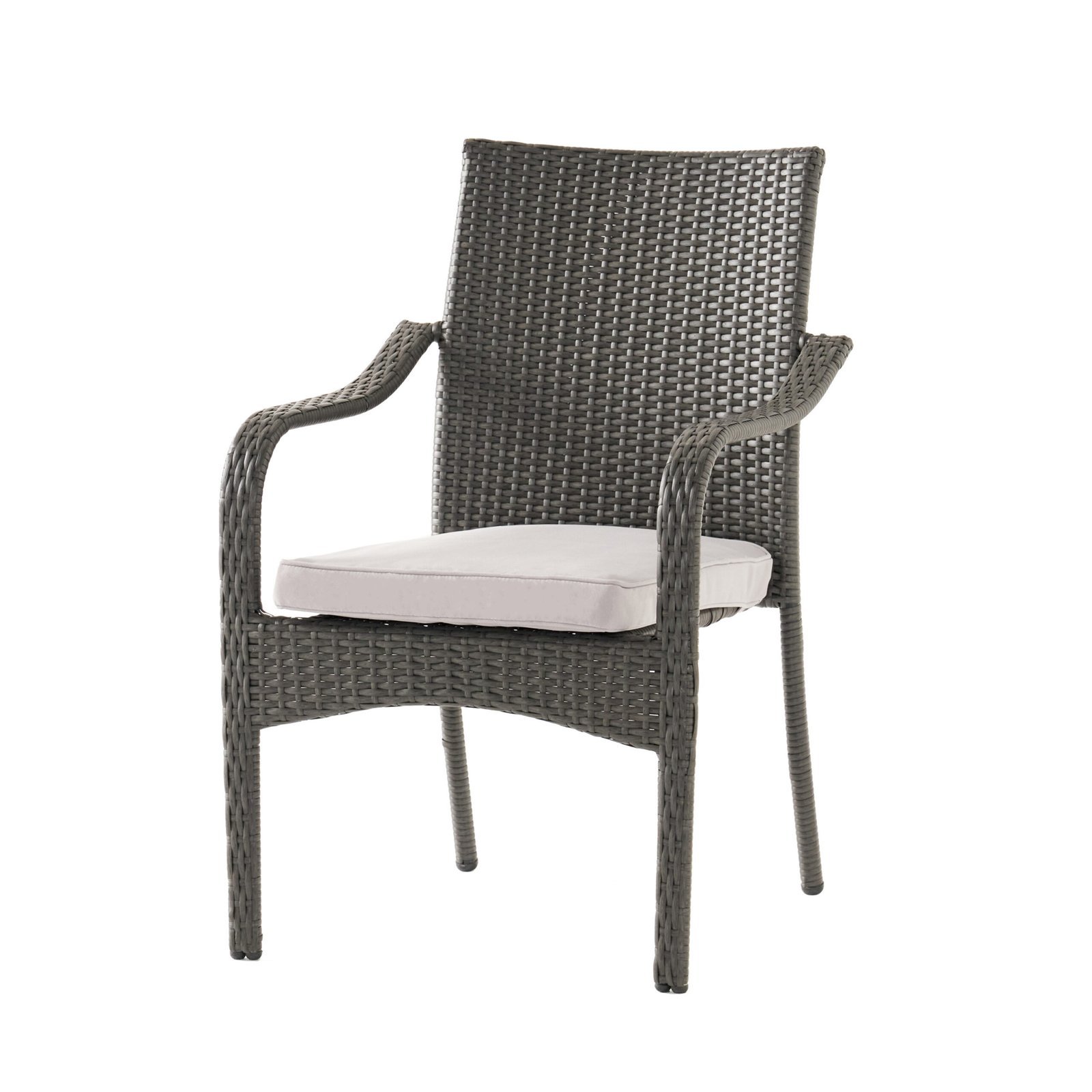 Angled side view of rattan patio dining chair with gray cushion