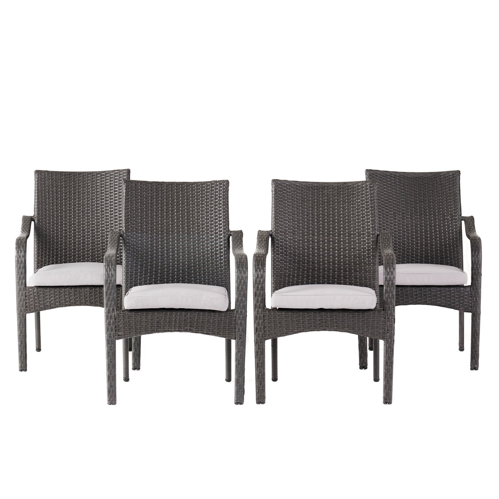 Front view of four gray rattan patio dining chairs with cushions