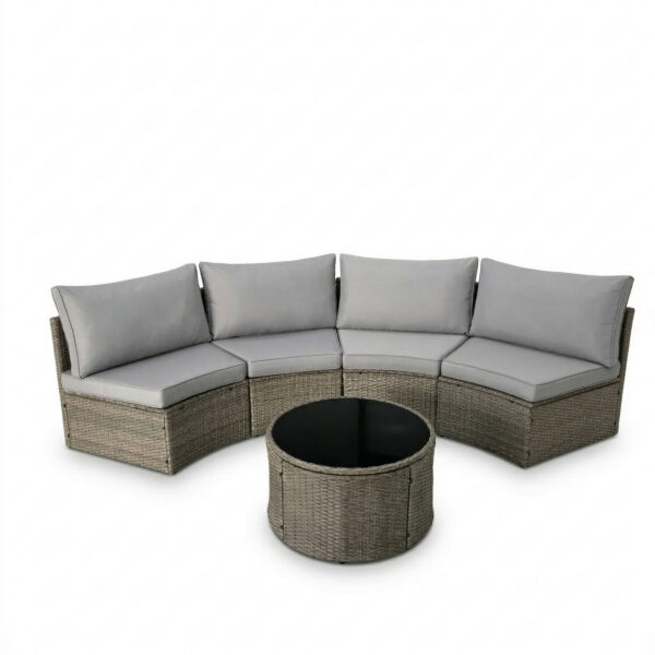 half moon patio furniture set with light gray rattan curved sofas and round coffee table