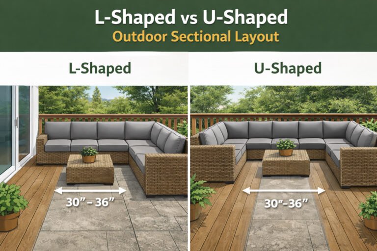 L-shaped vs U-shaped outdoor sectional sofa layout comparison for patio seating areas
