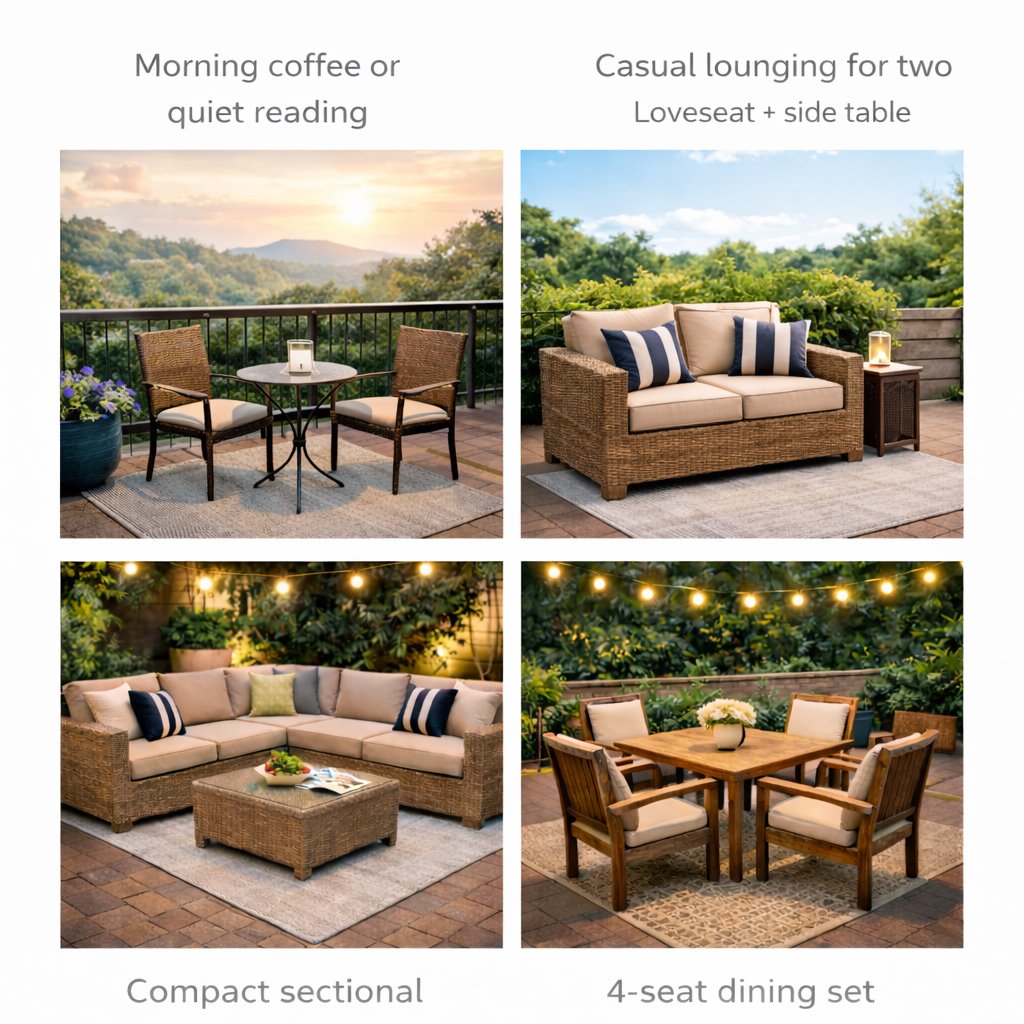Patio furniture guide showing four outdoor seating setups for different uses: a bistro set for morning coffee, a loveseat with a side table for lounging, a compact sectional for flexible seating, and a four-seat dining set for outdoor meals.