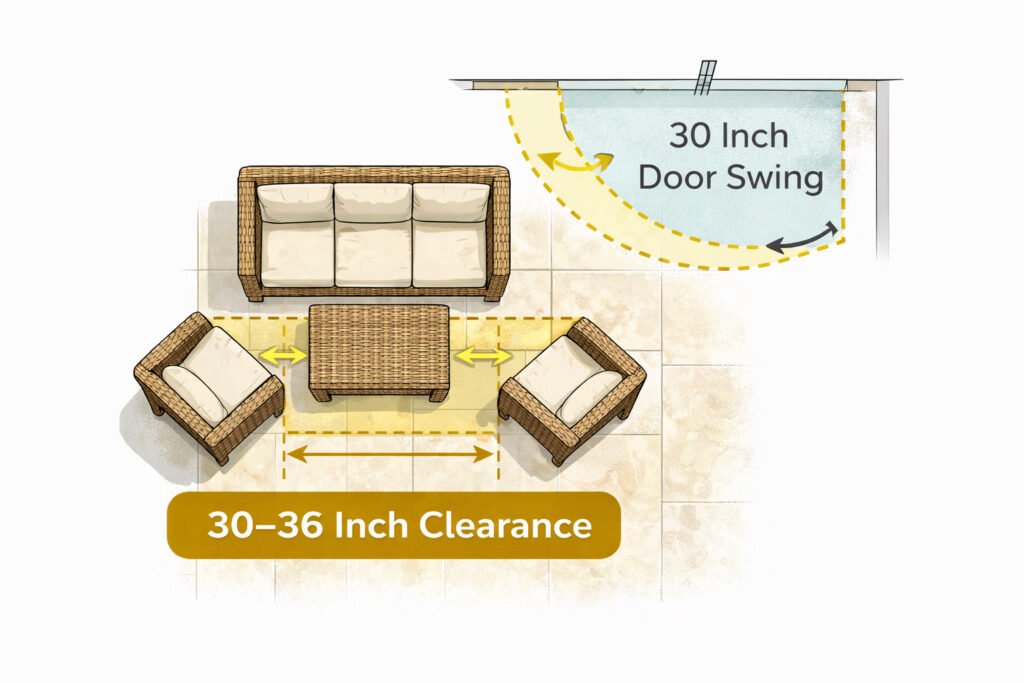 Top-down patio furniture layout diagram showing a 30–36 inch walkway clearance around a coffee table and seating area, with space reserved for a 30-inch door swing.