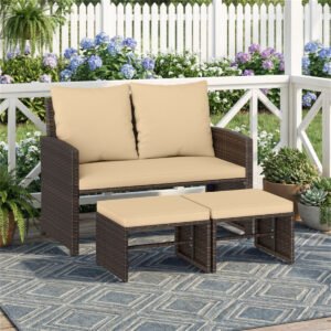 patio loveseat with ottomans in mix brown rattan placed on a garden patio with plants and flowers