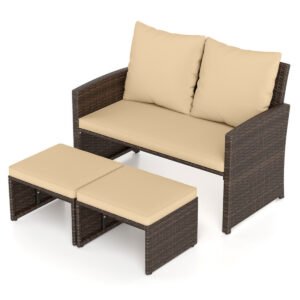 patio loveseat with 2 ottomans in mix brown PE rattan and beige cushions