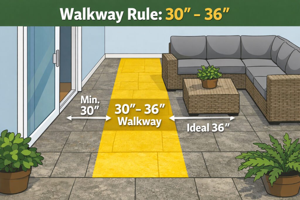 patio sectional layout walkway rule diagram showing 30–36 inch clearance between sliding door and outdoor sectional sofa seating area