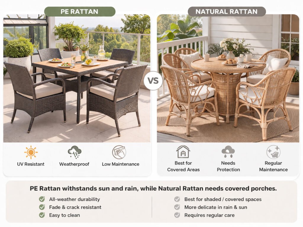 PE rattan vs natural rattan outdoor dining set comparison showing durability, weather resistance, and maintenance differences for small patios and balconies