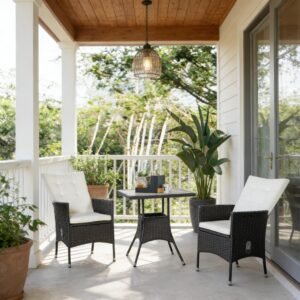 Small balcony furniture set for 2 with reclining wicker chairs and coffee table
