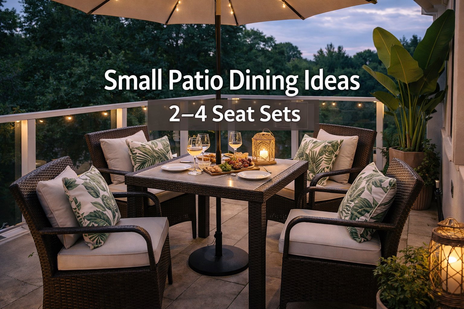 small patio dining set for 2 to 4 people on a compact balcony with cushioned rattan chairs and umbrella layout