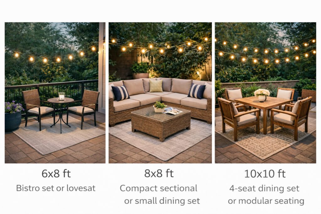 Comparison of patio furniture layouts for 6×8 ft, 8×8 ft, and 10×10 ft spaces, showing a bistro set, compact sectional, and a four-seat dining set arrangement.