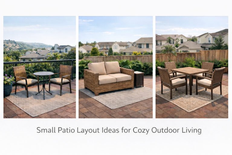 three small patio furniture layout ideas including a bistro set, loveseat seating area, and a compact outdoor dining set on sunny patios