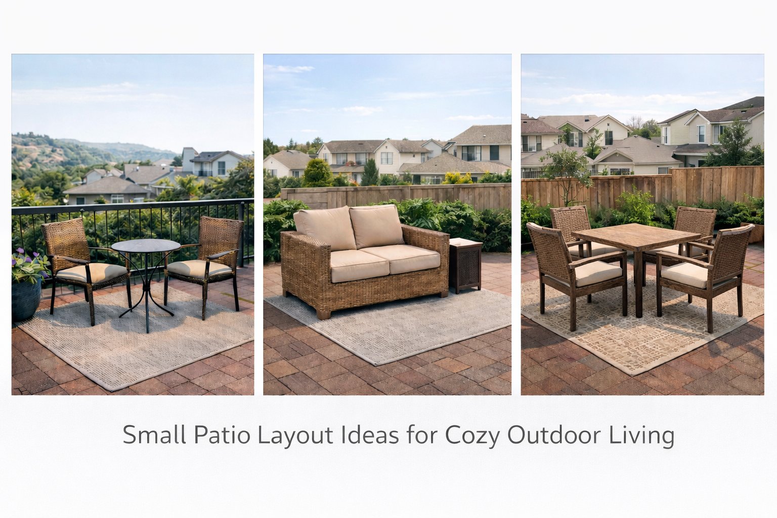 three small patio furniture layout ideas including a bistro set, loveseat seating area, and a compact outdoor dining set on sunny patios