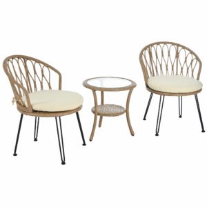 small patio set with 2 beige rattan single chairs and a glass top round table, perfect for small patios and balconies