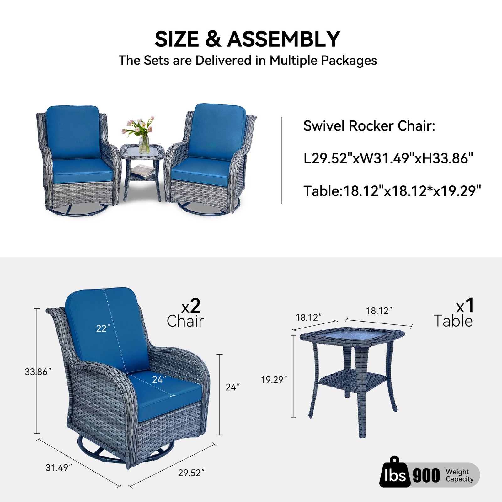 Dimensions and weight capacity of swivel rocker wicker patio set including chairs and side table