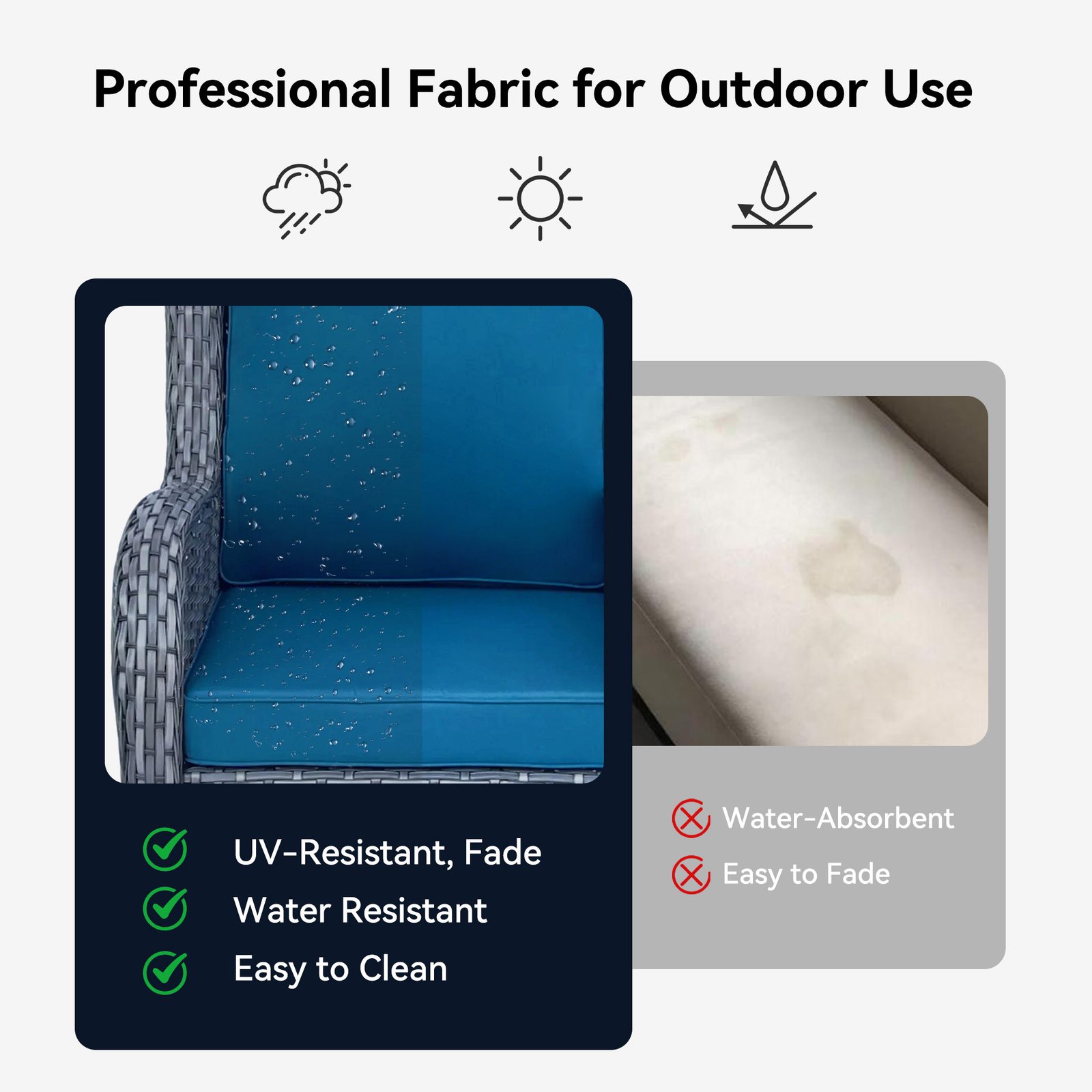 UV-resistant and water-resistant cushions on swivel rocker wicker patio set