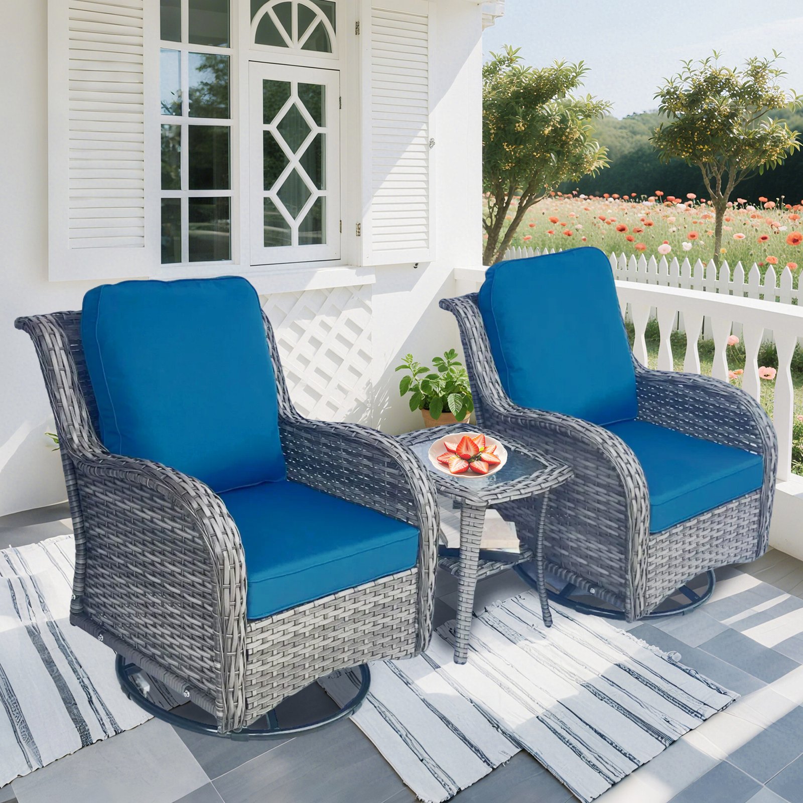 Swivel rocker wicker patio set placed on outdoor deck with rug