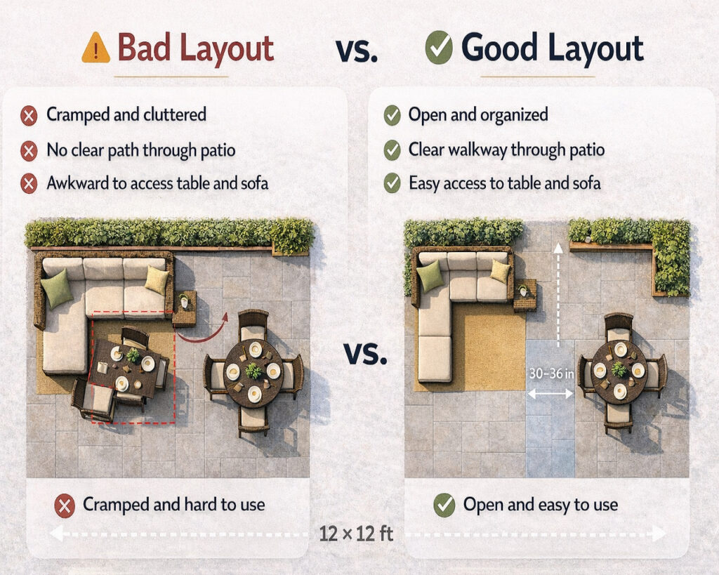 12x12 patio layout comparison showing bad vs good layout with sectional sofa dining set and proper walkway clearance