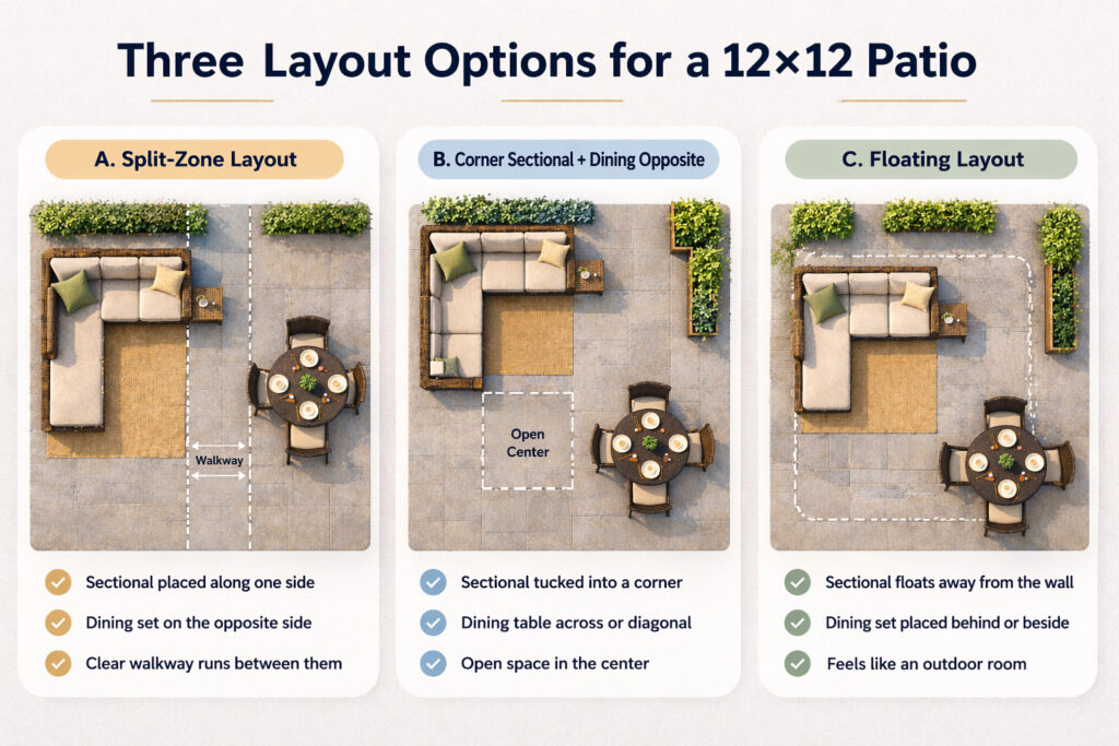 12x12 patio layout ideas showing split zone layout corner sectional layout and floating layout with sectional sofa dining set and walkway