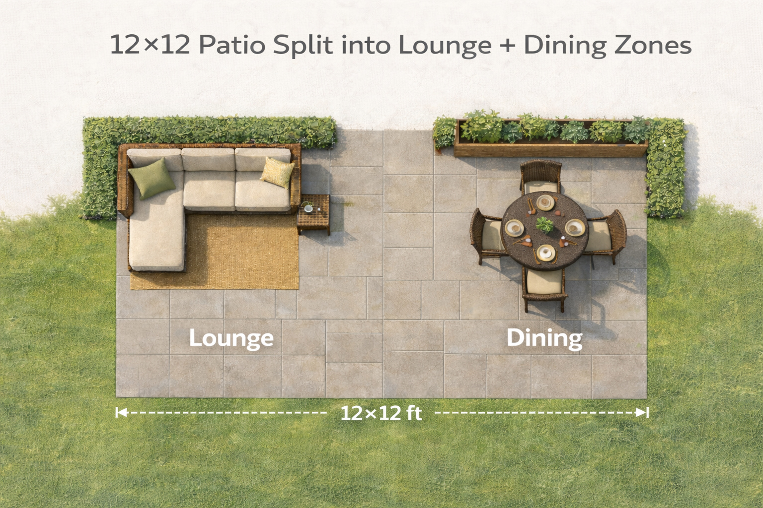 top view 12x12 patio layout with rattan sectional sofa lounge area and dining table zone split design