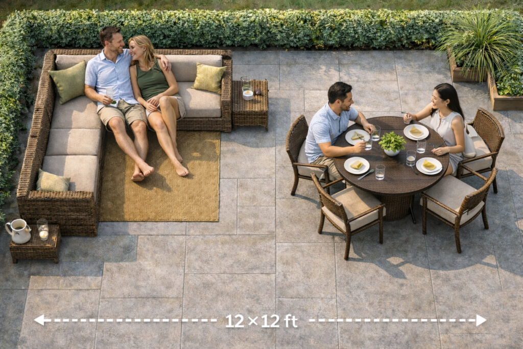 real 12x12 patio layout with sectional sofa and round dining table showing comfortable seating and practical outdoor use