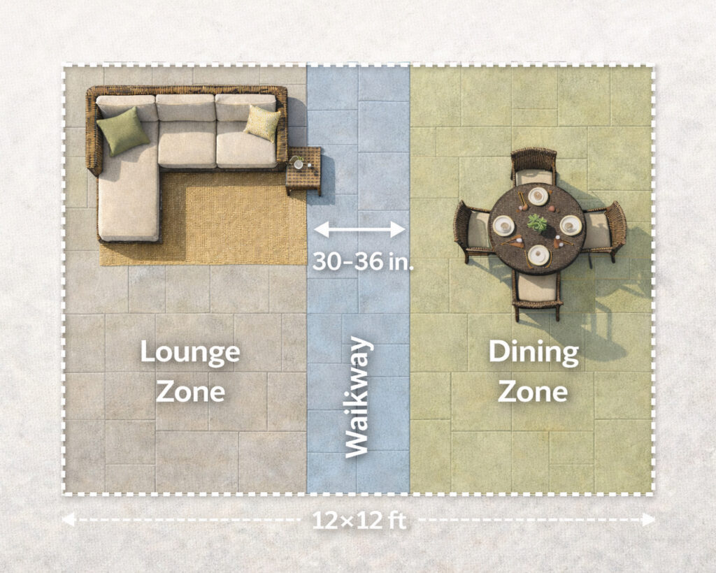 12x12 patio zoning diagram showing lounge zone dining zone and central walkway layout with sectional sofa and dining set
